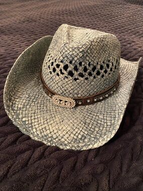 Blue Woven Straw Cowboy Hat with Brown Studded Band